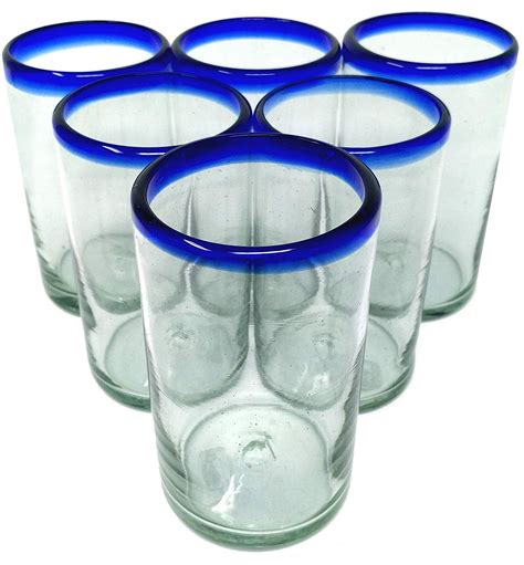 Dos Sueños Hand Blown Mexican Drinking Glasses 6 Glasses With Cobalt Blue Rims 14 Oz Each