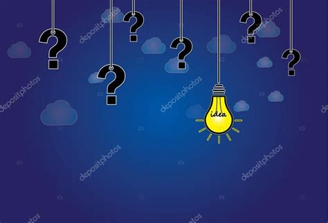 question mark and bright yellow light bulb with idea text hanging dark blue night sky with white