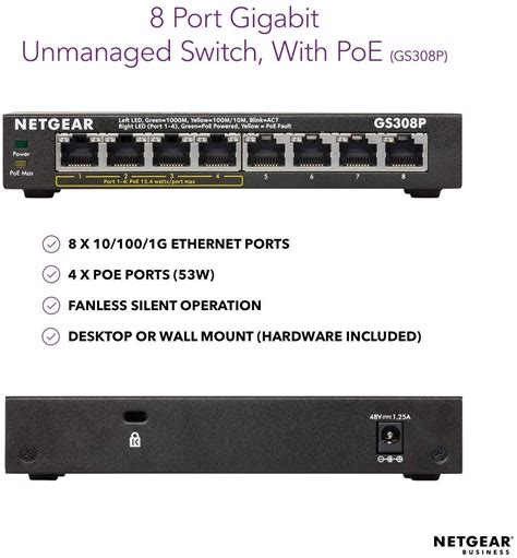 Netgear 8 Port Gigabit Ethernet Poe Network Switch Hub Internet