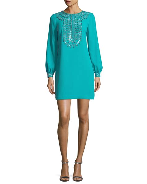Trina Turk Crepe Embellished Long Sleeve Dress Neiman Marcus