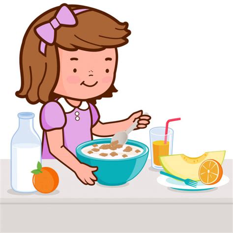 Dibujos animados vector ilustración para el sitio web, publicidad, cartel, folleto. Niño desayunando cereal Imágenes Vectoriales ...
