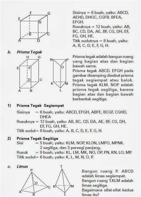 Prisma segitiga adalah bangun ruang tiga dimensi yang terdiri dari alas, penutup dan selimut. Rumaniyah: Mengidentifikasi Sifat-Sifat Bangun Ruang