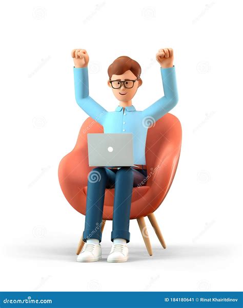 3d Illustration Of Happy Man With Laptop Sitting In Armchair And