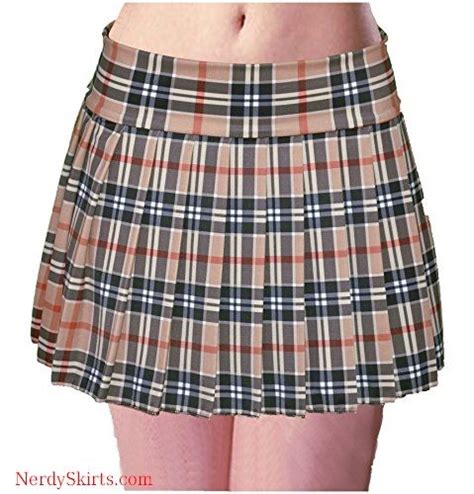 schoolgirl tartan plaid pleated mini skirt tan mocha stretch large plaid pleated mini skirt