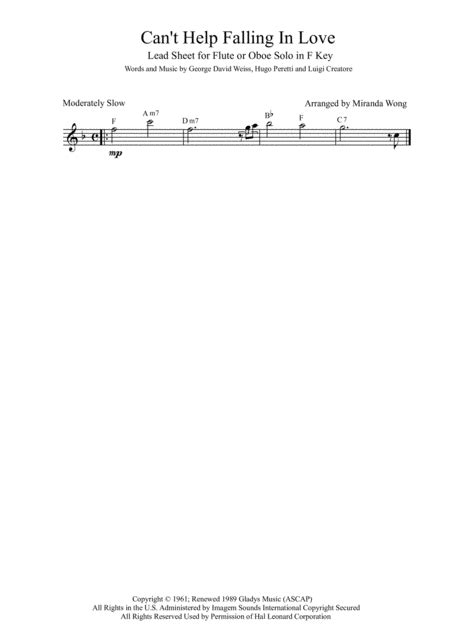 Cant Help Falling In Love Flute Or Oboe Solo In F Key With Chords Free