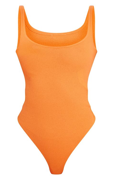 Basic Hot Orange Rib Scoop Neck Bodysuit Prettylittlething