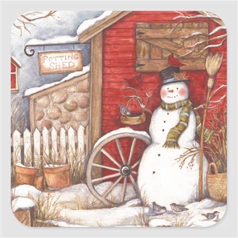 Rustic Snowman Winter Scene Square Sticker Rustic