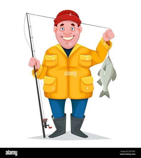 Cheerful Fisherman With Caught Fish Funny Cartoon Character Vector