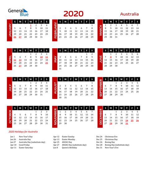 2020 Australia Calendar With Holidays