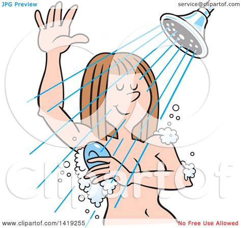 Clipart Of A Cartoon Relaxed Caucasian Woman Sudsing Up In The Shower