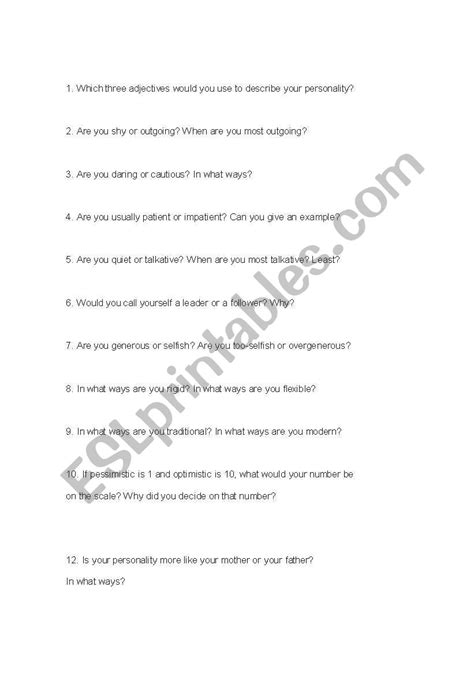 English Worksheets Personality Conversation Questions