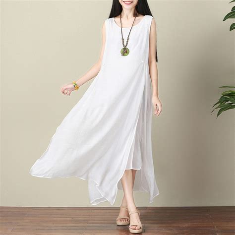 2018 Summer Women Cotton Linen Tank Dress Vintage Loose White Color Thin O Neck Sleeveless Maxi