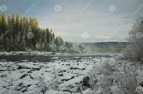 Winter Landscape Frozen River Near Tannforsen Waterfall Stock Image