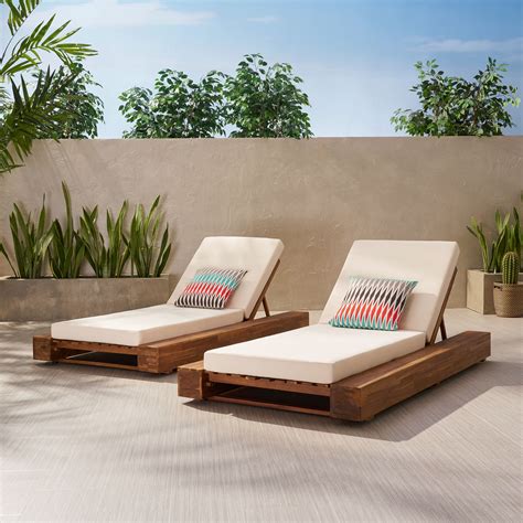 Rigby Outdoor Acacia Wood Chaise Lounge And Cushion Sets Set Of Teak And Cream Walmart Com