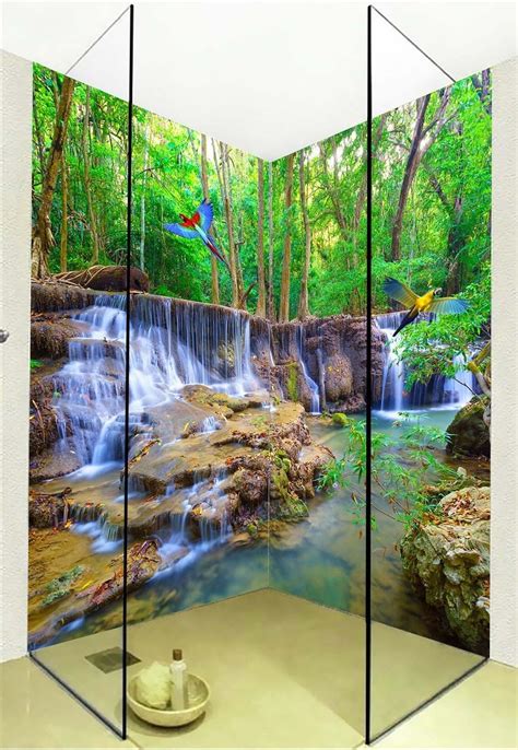 Large 3d Wall Stickers Landscape Waterfall Parrot Shower Bathtub Art