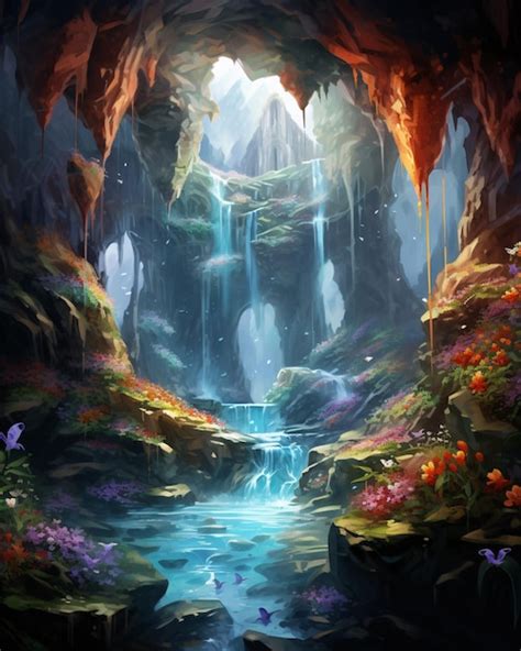 Premium Ai Image Fantasy Cave With Colourful Vegetation Rivers And