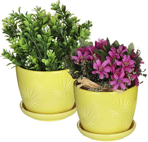 Myt Set Of 2 Yellow Sunburst Design Ceramic Flower Planter Pots With