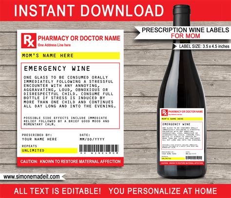 All text on this fake rx prescription label is editable. Mom Prescription Wine Labels Template | Printable Emergency Wine Label