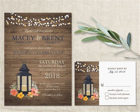 Rustic Wedding Invitation Set Metal Lantern Country Wedding