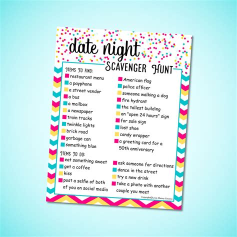 Date Night Scavenger Hunt Printable Pdf Date Night Game Fun Romantic Date Game Scavenger Hunt