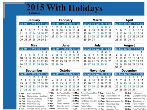 Holiday Calendar 2015 Yangah Solen