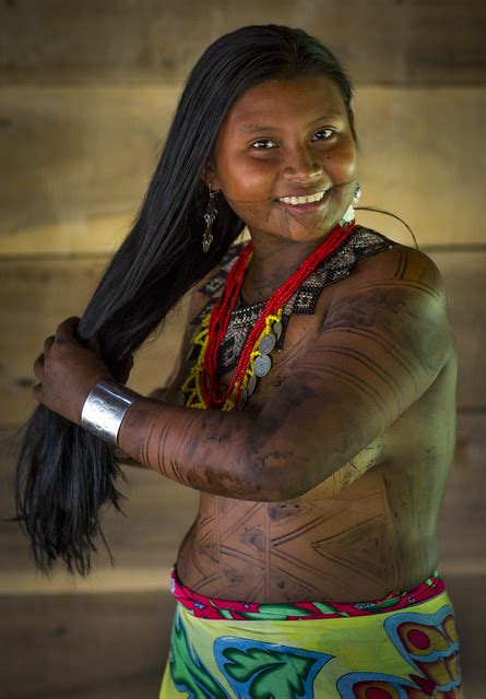 Panama Darien Province Bajo Chiquito Woman Of The Native Indian Embera Tribe Combing Hair A