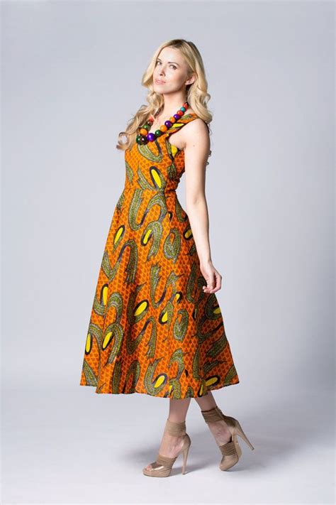 Yellow Dress Mid Length Wax Print Dress Orange By Colufashion Elegant