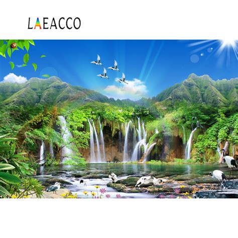 Laeacco Natural Waterfall Mountain Crane River Stone Blue Sky Cloudy