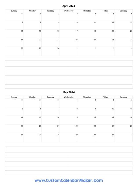 April To May 2024 Calendar Template With Notes