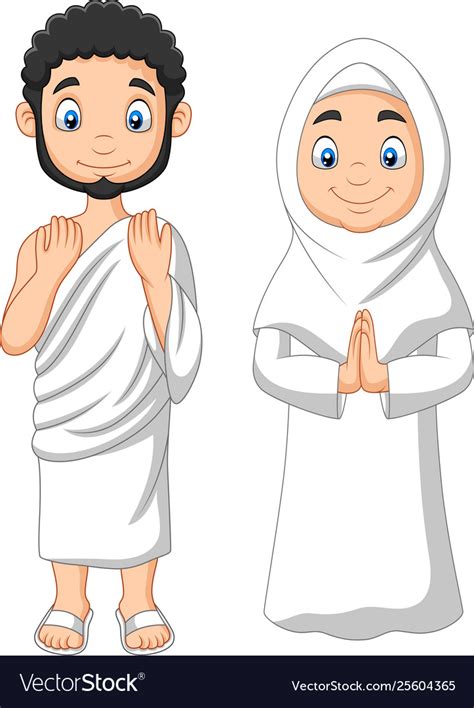 Cartoon Muslim Man And Woman Wearing Ihram Vector Image