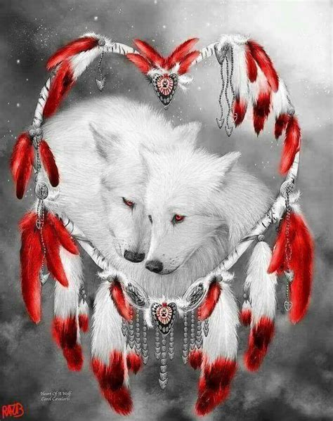 A White Wolf With Red Feathers In A Heart Shaped Frame