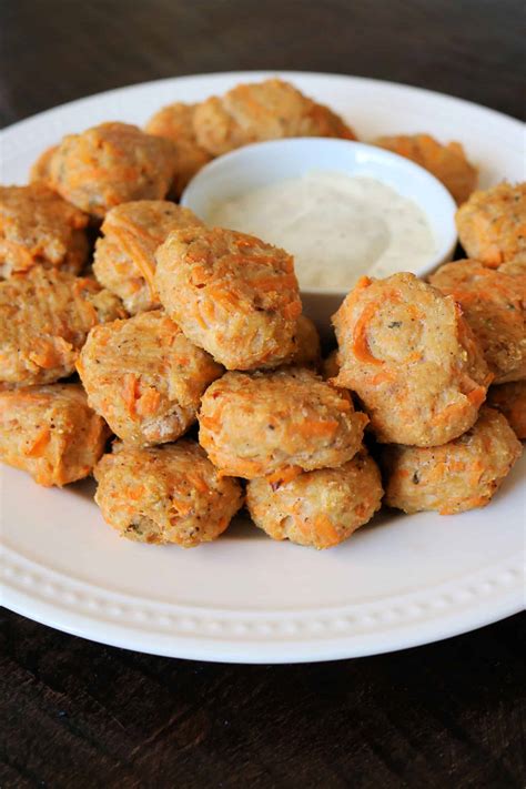 Course appetizer, dinner, lunch, snack. Delicious Sweet Potato Chicken Poppers (Whole30) - Kindly ...
