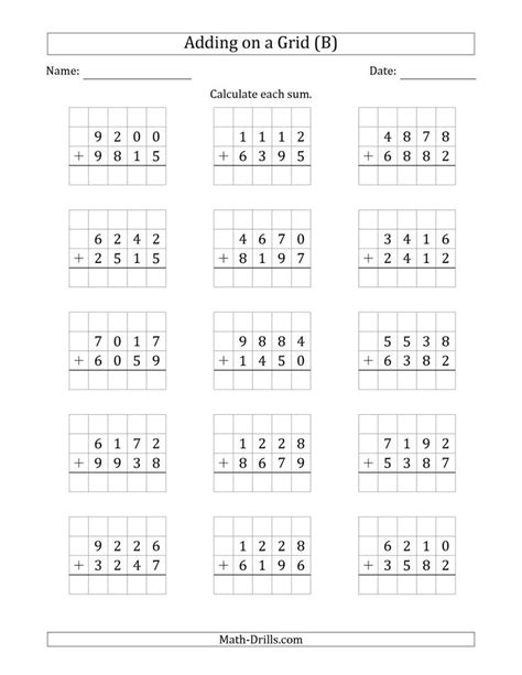 The Adding 4-Digit Plus 4-Digit Numbers on a Grid (B) Math Worksheet