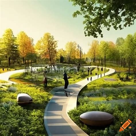 Modern Urban Park Design With Green Spaces And Recreational Areas