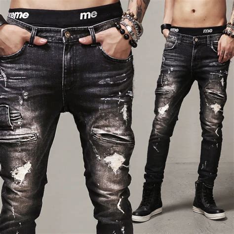 Men Black Jeans Stretch Slim Fit Man Denim Hiphop Straight Pants Fashion Ripped Hole Jeans Rock