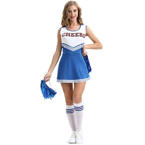 Blue Cheerleader Costume Uniform Fancy Dress With Pom Poms Pkaway