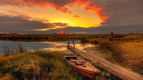 Wetland Sky Wilderness Waterway Reflection Boat Sunset Pier