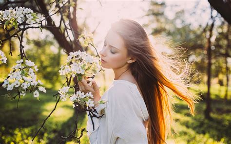 Girl Hair In The Wind Sun Rays Spring White Flowers Wallpaper