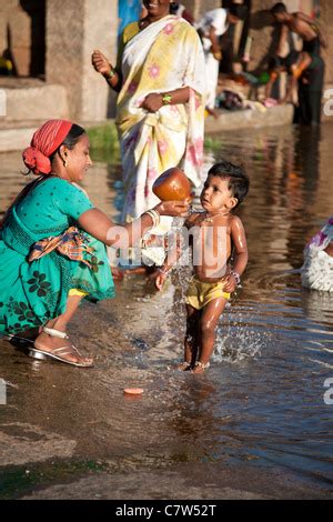 Mother Washing Her Son Tungabhadra River Hampi India Stock Photo Alamy