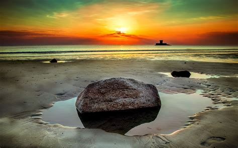 Beach Stone Rock Seashore Clouds Sunet Imac Wallpaper Download
