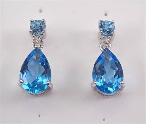 White Gold Blue Topaz And Diamond Dangle Teardrop Earrings Wedding