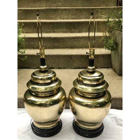 The tapered linen hardback shade adds quiet grandeur to the gorgeous vintage chinese ginger jar table lamp with a spectacular hawthorn prunus branch or cherry blossom design presented on both sides of piece! Large Brass Ginger Jar Lamps - a Pair | Chairish