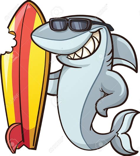 Cartoon Shark With A Bitten Surfboard Vector Clip Art Illustration