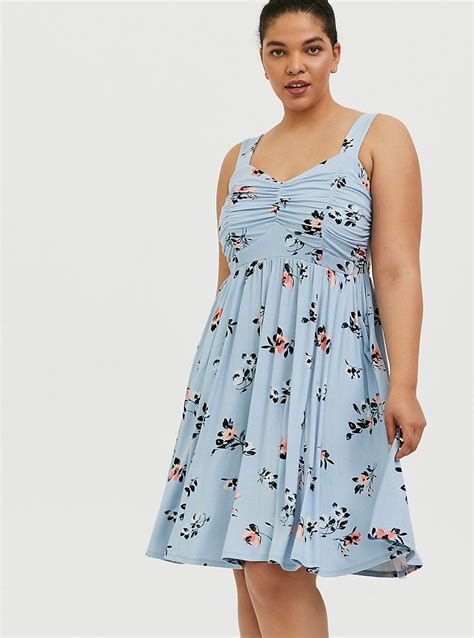 Super Soft Light Blue Floral Ruched Skater Dress FLORALS BLUE Floral