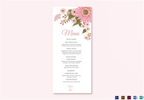Floral Wedding Menu Card Design Template In Illustrator Indesign Word