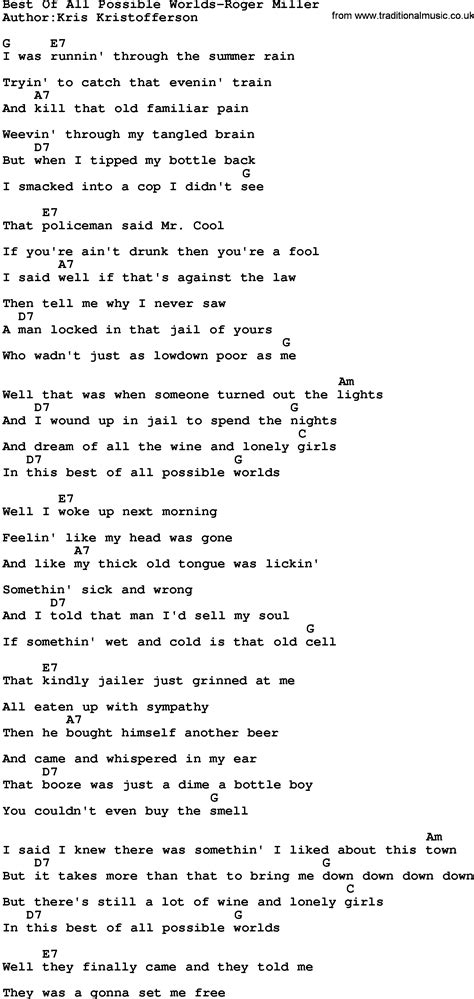 Country Music Best Of All Possible Worlds Roger Miller Lyrics And Chords