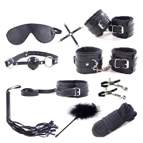 10 pcs set sex products erotic toys for adults bdsm sex bondage set handcuffs nipple clamps gag