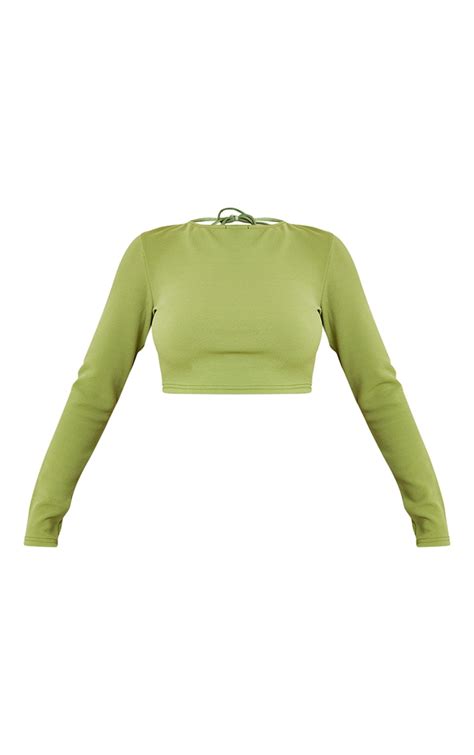 Olive Crepe Backless Long Sleeve Crop Top Prettylittlething Usa