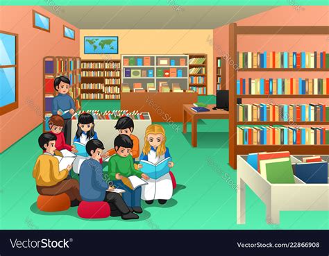 Group Of School Kids Studying In Library Vector Image