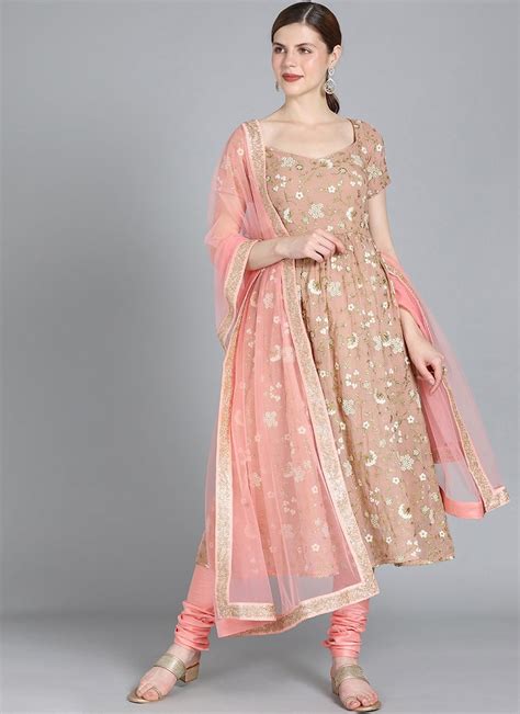 Shop Ethnovog Peach Embroidered Anarkali Suit Party Wear Made To Measure Dress For Women In